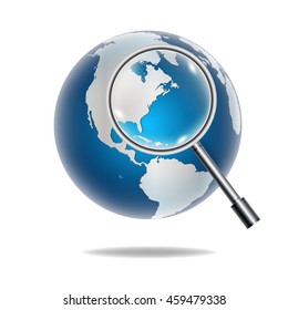 Vector globe icon of the world with Magnifying glass