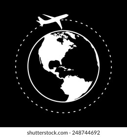 Vector globe icons with airplane  on a black background