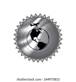 Vector globe icons with airplane with round sticker