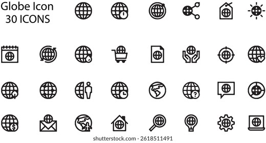 Vector Globe Icons Set.30 Minimalist Global Symbols for International Designs.