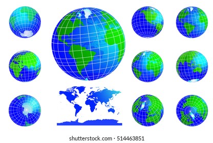 Vector globe icons showing Earth with all continents. Western and Eastern hemispheres. Set. Vector illustration isolated on white background