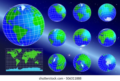 Vector globe icons showing planet Earth with all continents. Western and Eastern hemispheres. Set. Vector isolated illustration on starry sky background