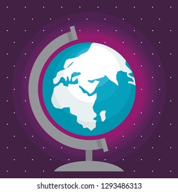 Vector globe illustration with stars in purple pink and blue vibrant colors.
