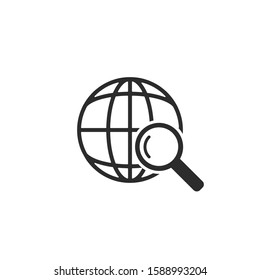 Vector globe and magnifier icon. Global search symbol on white isolated background.