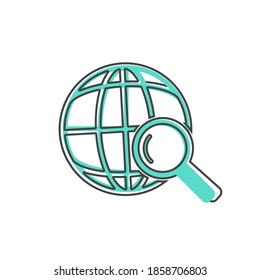 Vector globe and magnifier icon. Global search symbol cartoon style on white isolated background.