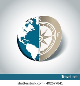 Vector globe map and compass. paper cut concept.