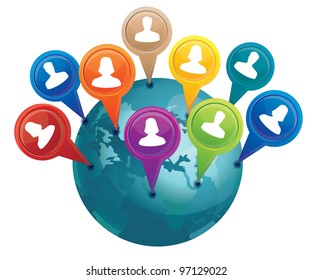 vector globe with markers with friends - social media concept