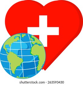 vector globe on red heart with cross for world health day