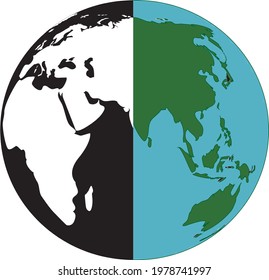 Vector globe in one half black and white and other half blue and green 