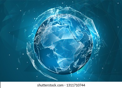 vector globo, planeta tierra, de puntos. macrodatos, procesamiento y recopilación de datos conceptuales