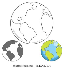 Vector globe set with Earth in three styles: outline, grayscale, and colorful. Perfect for education, environment themes, maps, and global awareness design projects.