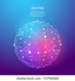 Vector globe wireframe connecting on color background. Low poly Illuminated objects with thin line and dots. Business or technology concept. Blue and purple abstract digital polygonal image