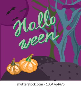 Vector gloomy background for the holiday Halloween. Pumpkins, hills, bats and trees on a dark purple background. Made using doodle technique. For your cool cards, invitations and posters.