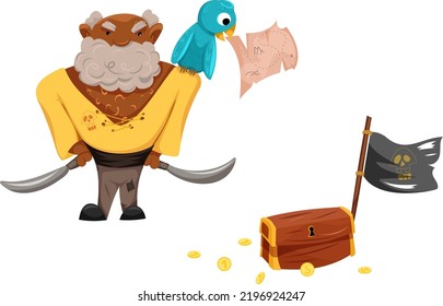 Vector gloomy cartoon pirate with a beard in a yellow shirt and gray torn pants holds daggers in his hands. On his shoulder sits a blue parrot holding a treasure map in its beak.