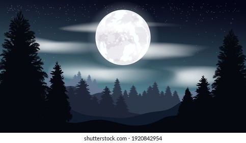 Vector gloomy illustration. Night landscape, moon. Starry sky in the clouds. Night forest.