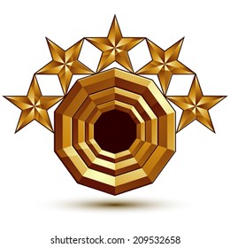 Vector glorious glossy design element with 5 luxury 3d golden stars, conceptual graphic template, clear EPS 8.