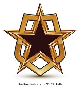 Vector glorious glossy design element, luxury 3d golden star placed in a shield, clear EPS 8. Conceptual graphic refined emblem
