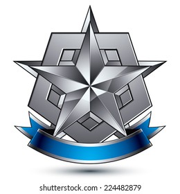 Vector glorious glossy design element, luxury 3d pentagonal silver star, conceptual complicated graphic shield template with festive strip, clear EPS 8 decorative medallion. Protection theme.
