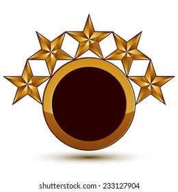 Vector glorious glossy design element with 5 luxury 3d golden stars, conceptual graphic template, clear EPS 8.