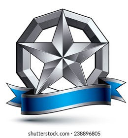 Vector glorious glossy design element, luxury 3d pentagonal silver star, conceptual complicated graphic template with festive strip, clear EPS 8 decorative medallion.