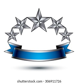 Vector glorious glossy design element, luxury 3d pentagonal silver stars, conceptual complicated graphic template with festive strip, clear EPS8 decorative medallion.