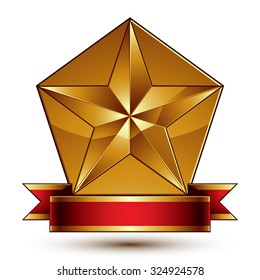 Vector glorious glossy design element, luxury 3d pentagonal golden star placed on decorative blazon, conceptual graphic coat of arms with wavy red ribbon, clear EPS8.