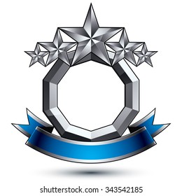 Vector glorious glossy design element, luxury 3d pentagonal silver stars, conceptual silvery graphic template with festive ribbon, clear EPS8 decorative emblem.