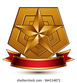 Vector glorious glossy design element, luxury 3d pentagonal golden star placed on decorative blazon, conceptual graphic coat of arms with wavy red ribbon, clear EPS8.


