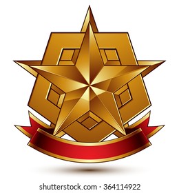 Vector glorious glossy design element, luxury 3d pentagonal golden star placed on decorative blazon, conceptual graphic coat of arms with wavy red ribbon, clear EPS 8.