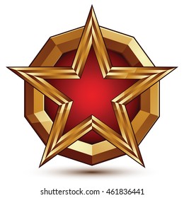 Vector glorious glossy design element, luxury 3d red star with golden borders, classic conceptual graphic insignia, clear EPS 8.
