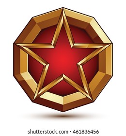 Vector glorious glossy design element, luxury 3d red star with golden borders, classic conceptual graphic insignia, clear EPS 8.