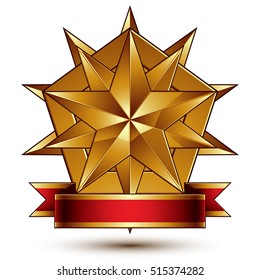 Vector glorious glossy design element, luxury 3d polygonal golden star placed on a decorative blazon, conceptual graphic coat of arms with wavy red ribbon, clear EPS 8.