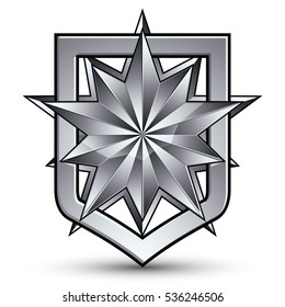 Vector glorious glossy design element with luxury 3d silver star, silvery conceptual graphic template, clear EPS 8 complicated shield.

