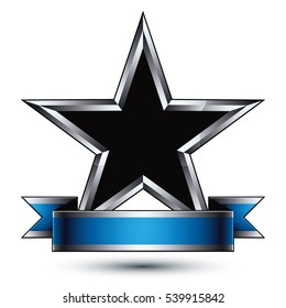 Vector glorious glossy design element, luxury black 3d star with silver outline, conceptual graphic template, clear EPS 8 gray decorative symbol.
