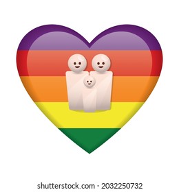 Vector glossy 3D design of a rainbow heart with smiling icon people in family, the concept for LGBT family, pride, icon, flag on white background.