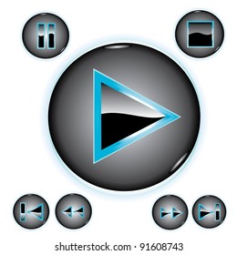 Vector glossy 3d glass player buttons set.