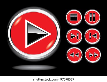 Vector glossy 3d glass player red buttons set. Vector web 3d icons collection.