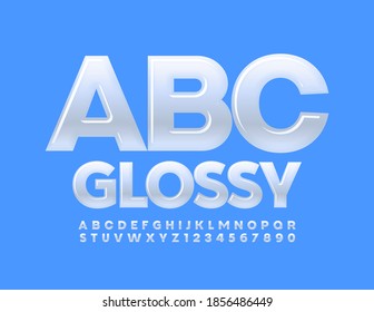 Vector Glossy Alphabet. Modern White Font. Set Of Shiny Uppercase Letters And Numbers Set