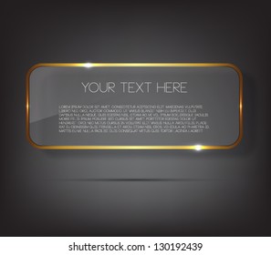 Vector glossy banner with golden metal / metallic frame, shiny glass