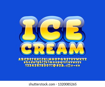 Vector glossy banner Ice cream with tasty Alphabet Letters, Numbers and Symbols. Blue and Yellow shiny Font