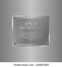 Vector glossy banner with silver metal. Metallic frame, shiny glass