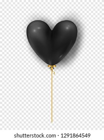 Vector glossy black air balloon in heart form. Illustration of realistic air 3d balloon isolated on transparent background.