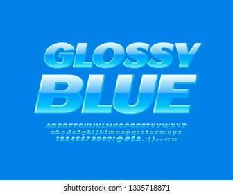 Fuente azul brillante vectorial. Letras, números y símbolos elegantes de alfabeto.