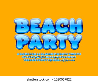 Partido de la playa del afiche azul brillante vectorial con una letra graciosa. Letras, números y símbolos brillantes de alfabeto para niños