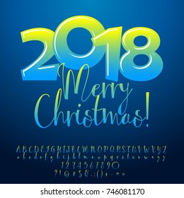 Vector glossy bright greeting card Merry Christmas 2018. Set of caligraphic Letters, Numbers, Symbols. Font contains Graphic style