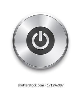 Vector glossy brushed metal silver power button on white background. 