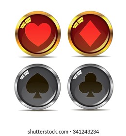 Vector glossy buttons with symbols of playing cards of red and black with silver and gold on a white background