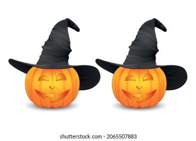 Vector Glossy Cartoon Halloween Pumkin Lantern with Funny Face and Witch Hat Icon Set Closeup Isolated on White. Front View. Design Template of Realistic Pumkin. Autumn Holidays, Halloween Concept