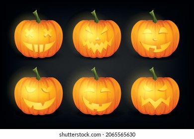 Vector Glossy Cartoon Halloween Pumkin Lantern with Funny Face Icon Set. Front View. Design Template of Realistic Pumkin Jack O Lantern. Autumn Holidays, Halloween Concept