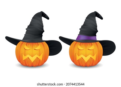 Vector Glossy Cartoon Halloween Pumpkin Lantern with Funny Face and Witch Hat Icon Set Closeup Isolated on White. Front View. Design Template of Realistic Pumpkin. Autumn Holidays, Halloween Concept